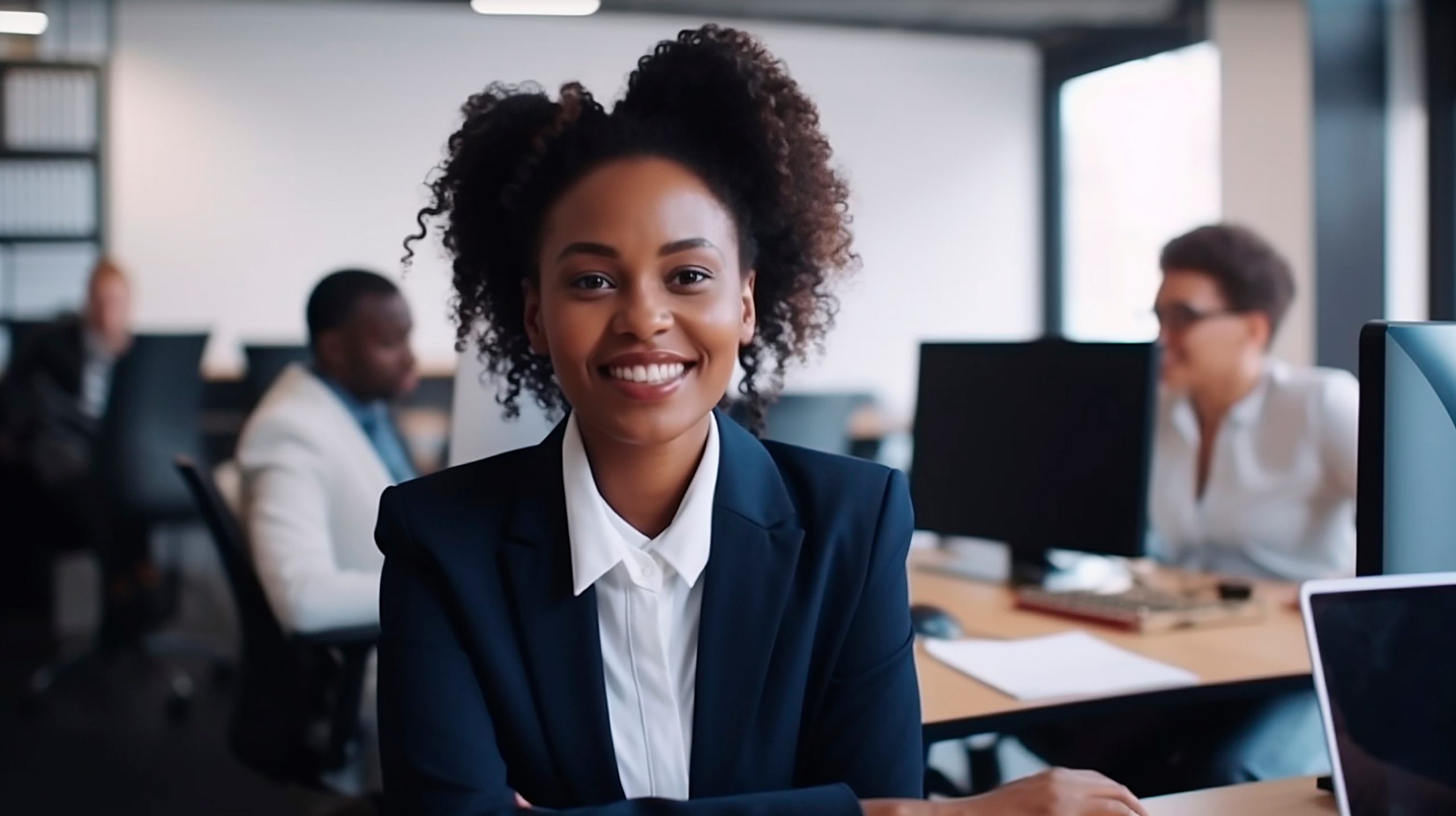 Stylish black woman in office, created with Generative AI Techno