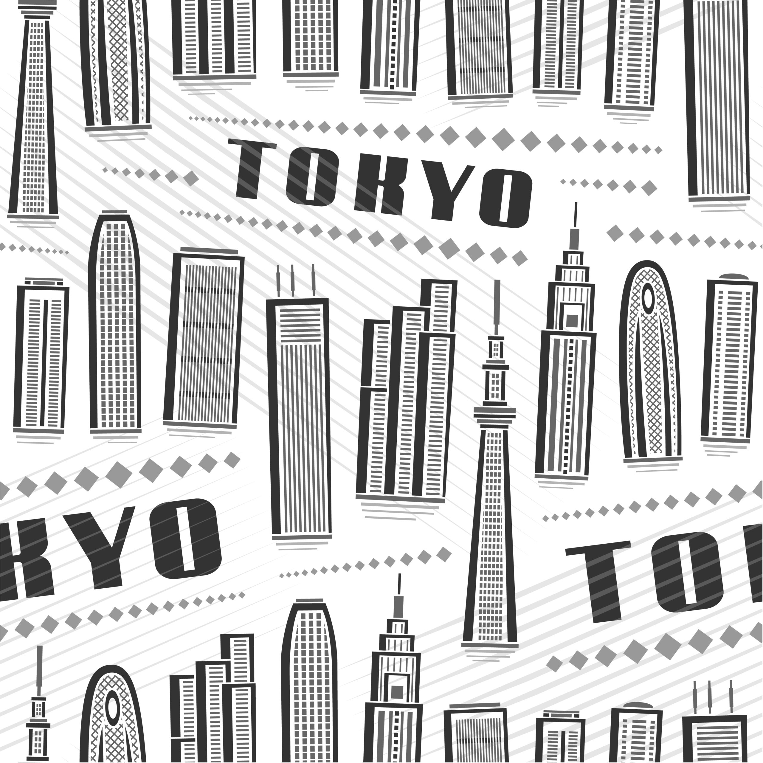 Vector Tokyo Seamless Pattern, repeating background with illustration of famous asian tokyo city scape on white background for wrapping paper, monochrome line art urban poster with black text tokyo