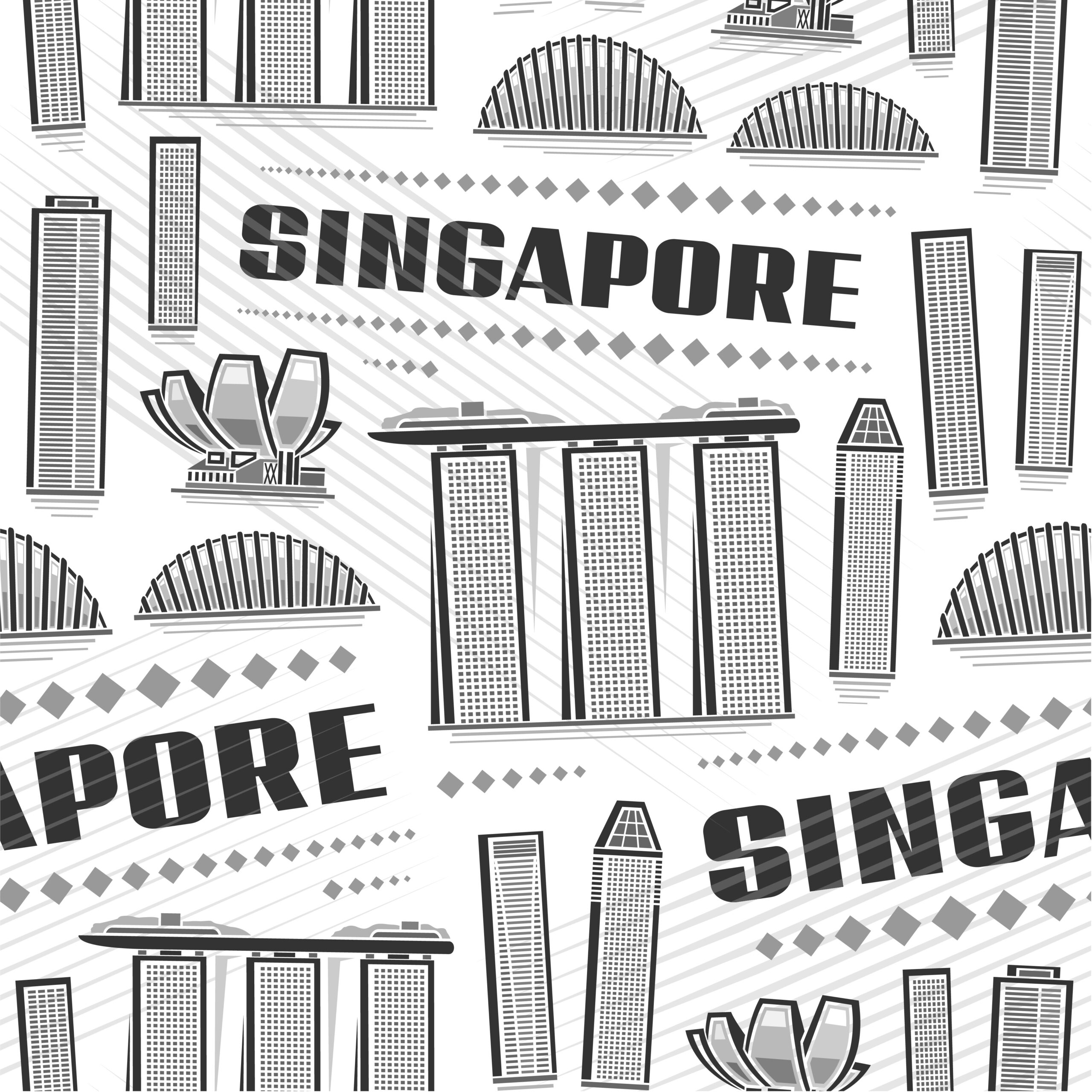 Vector Singapore Seamless Pattern, repeat background with illustration of famous singapore city scape on white background for wrapping paper, monochrome line art urban poster with black text singapore